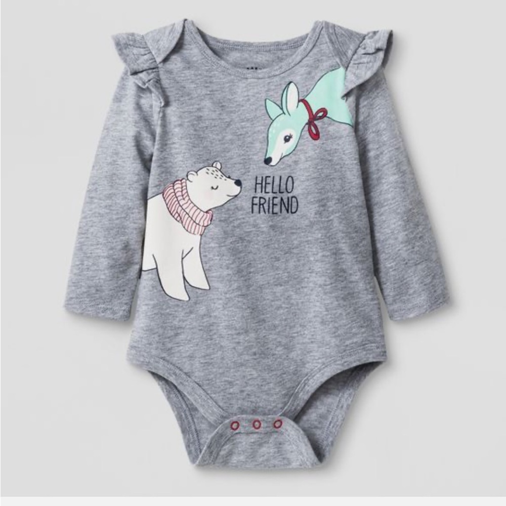 CAT & JACK Girls Bodysuit HELLO FRIEND Ruffle Top L/S Bear Deer Newborn 0/3M NWT